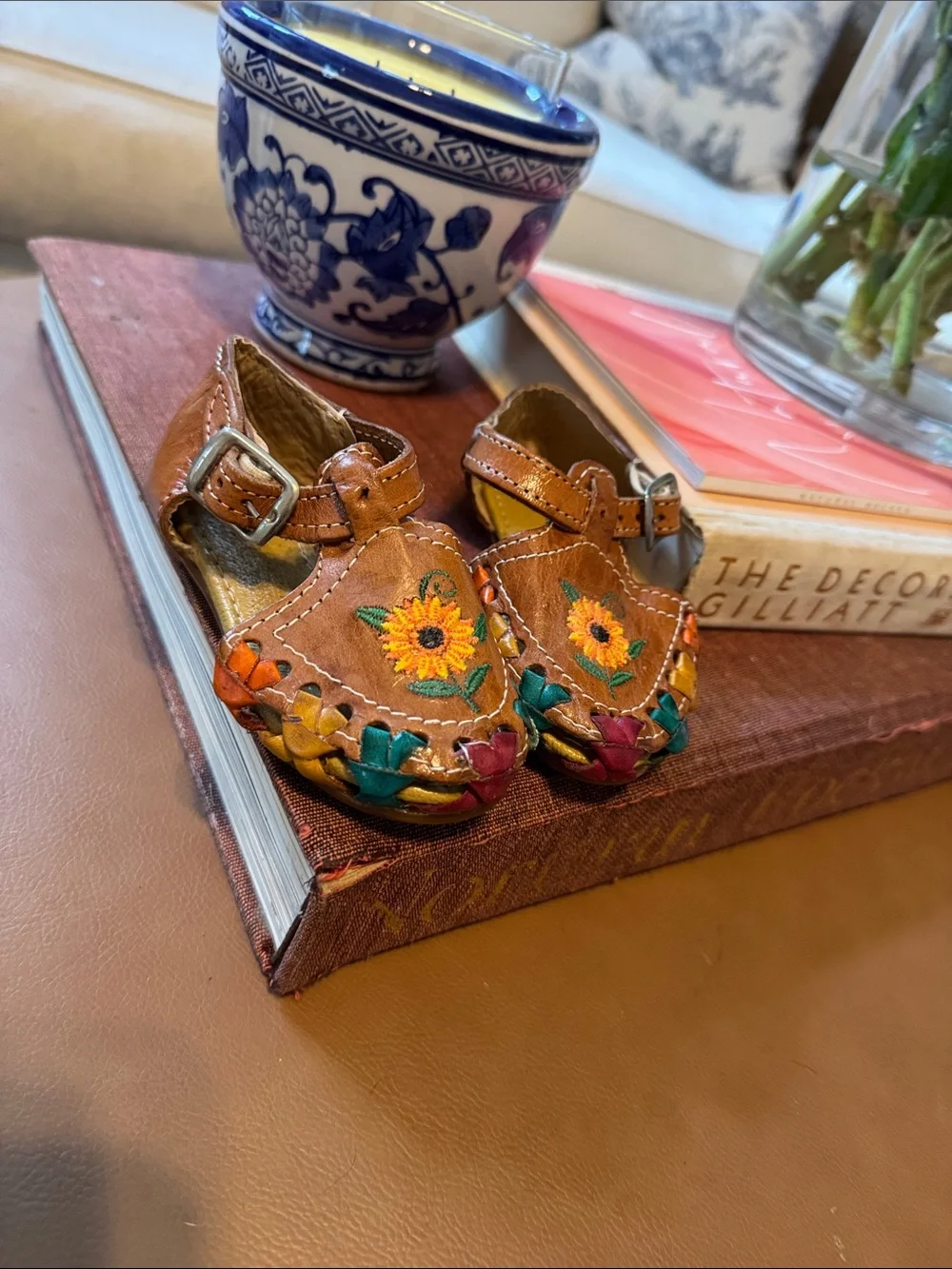 Vintage Brown Leather Kids Moccasins with Sunflower Embroidery